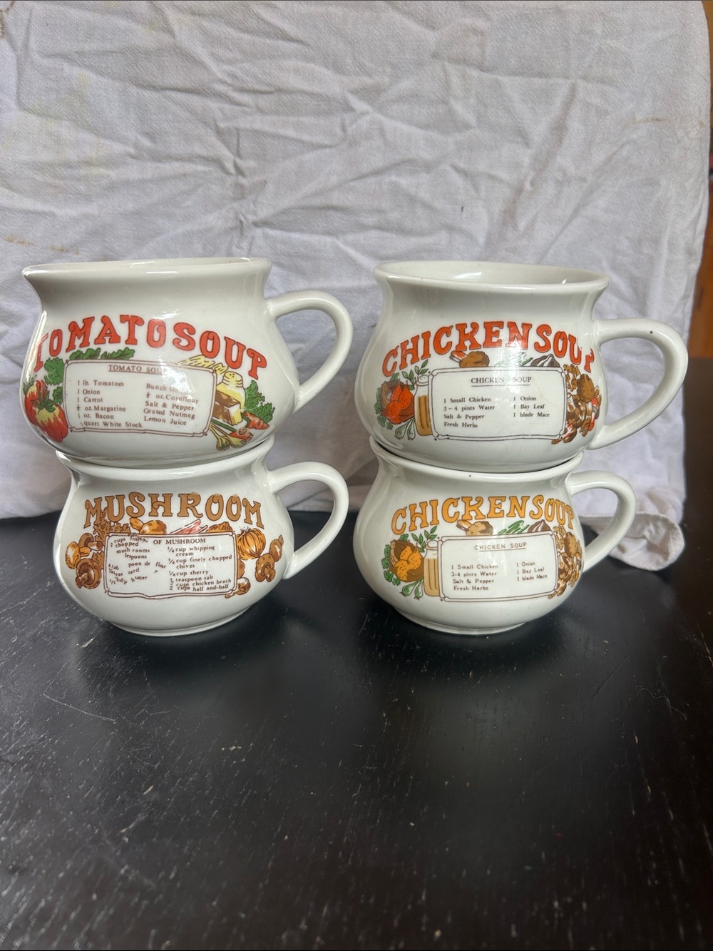 Vintage lot of Ceramic Soup Mugs Set in Cream with Orange & Brown Recipe Decals